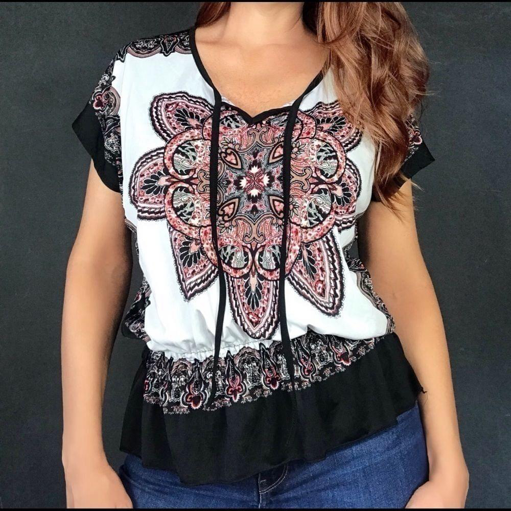 Claudia Richard paisley boho silky short sleeve V-Neck Top blouse